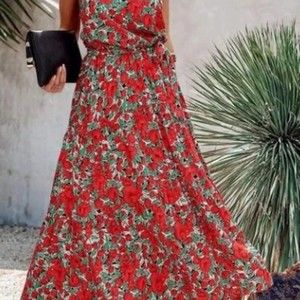 NWT PRETTYGARDEN Women's M Halter Red Floral Long Maxi Dress with Belt